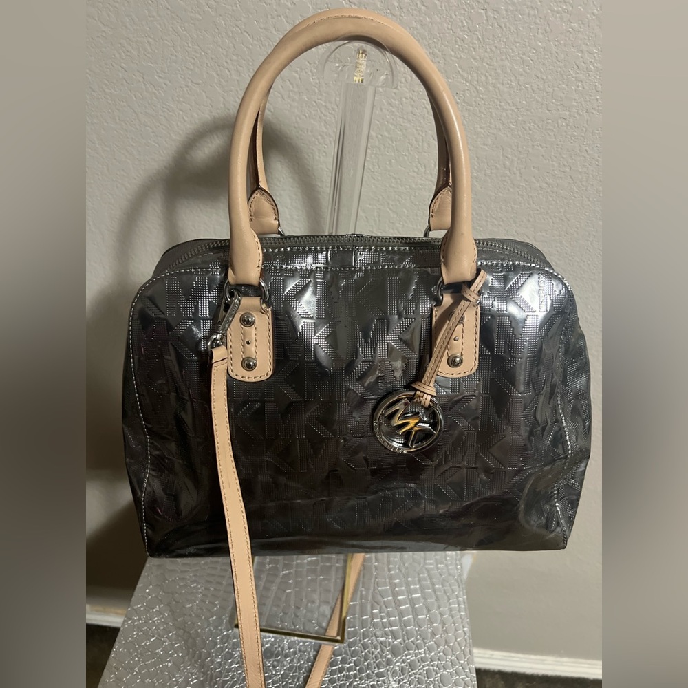 Michael Kors Monogram Satchel Bag – METALLIC w/ Nude Handles (Flaw – See Photos)